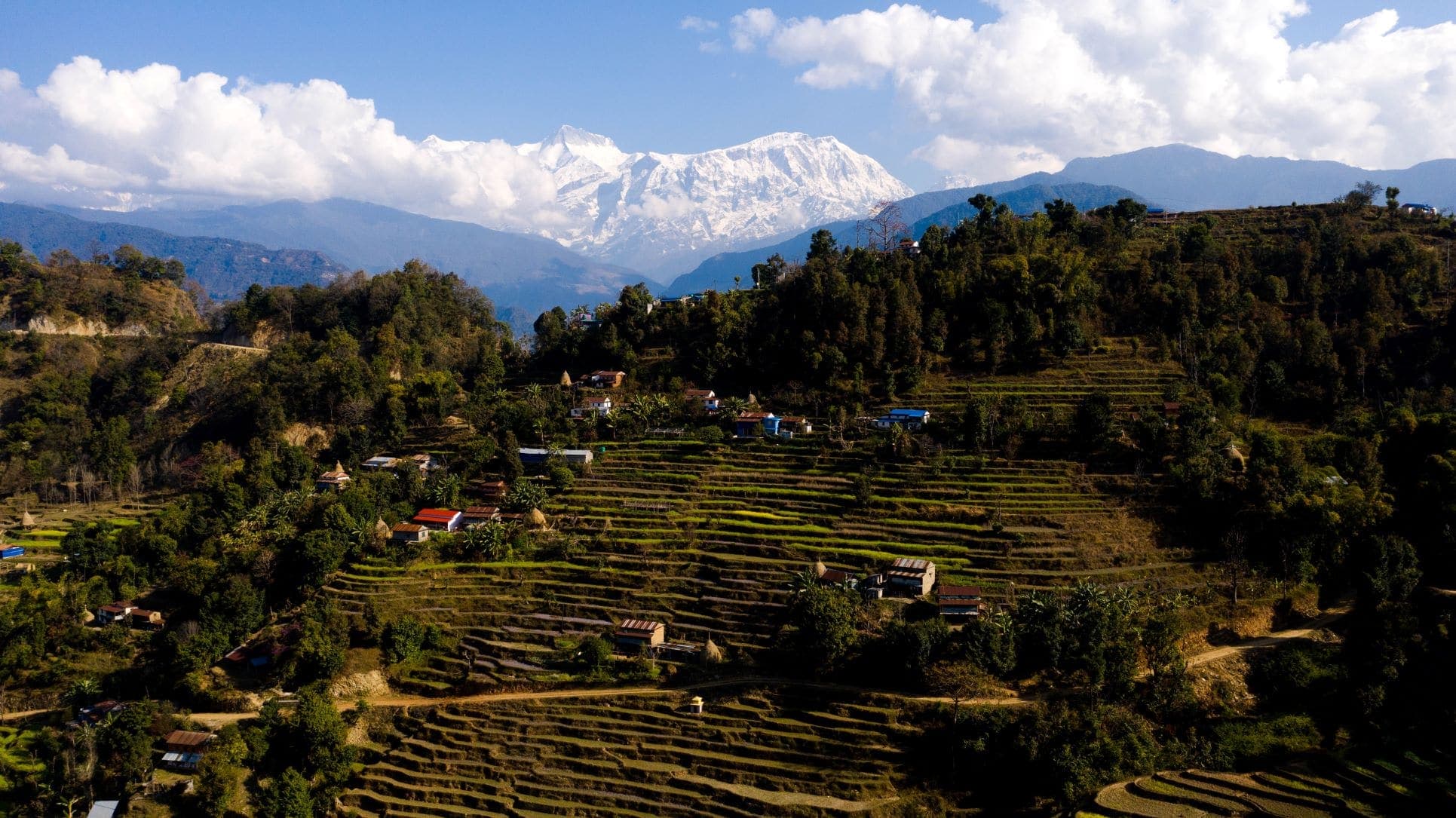 Terraced hillside village below the Annapurna range, Nepal
